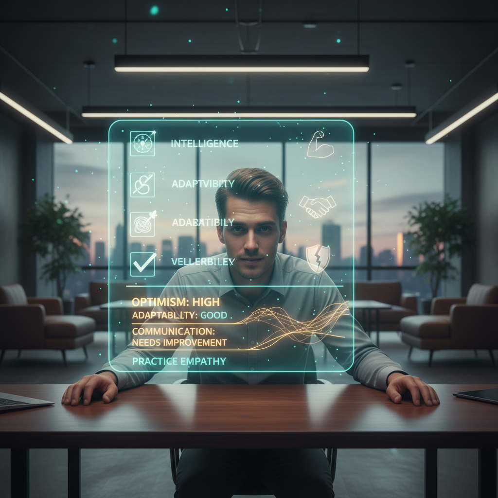 Candidat préparant une présentation stratégique de ses qualités et défauts devant un bureau moderne avec assistance IA