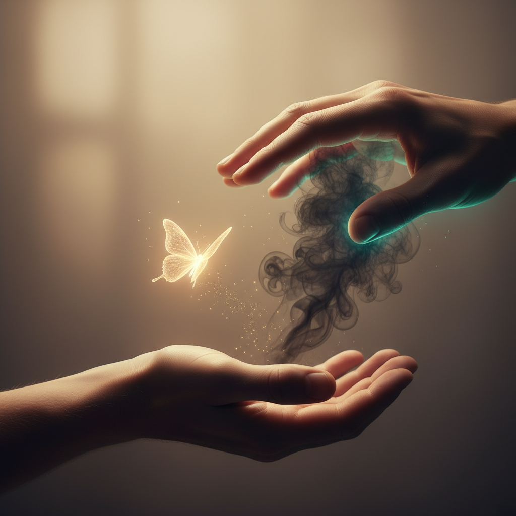 Dos manos seleccionando palabras: una libera una mariposa brillante y la otra retiene humo oscuro, simbolizando qué decir y qué no decir en entrevista