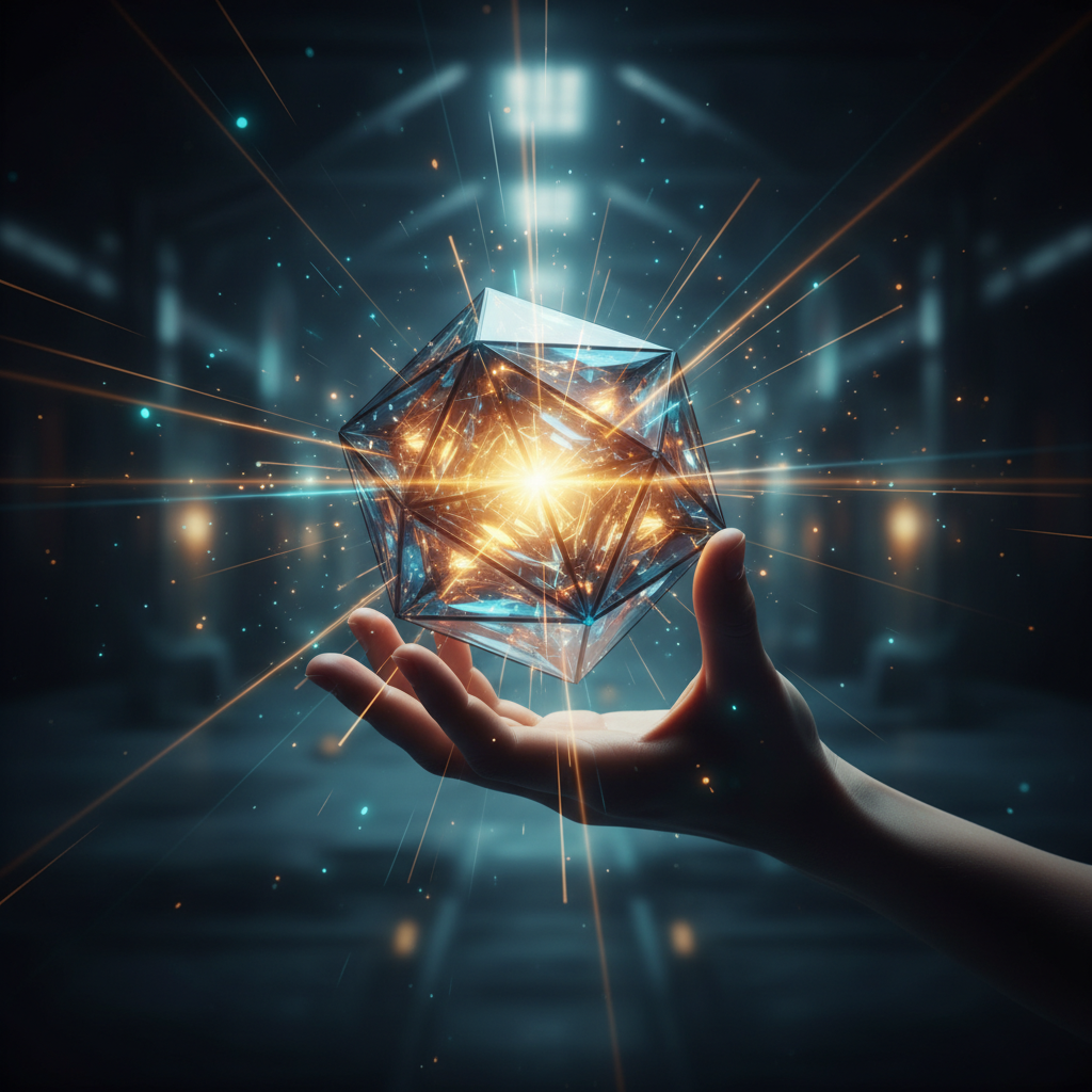 Una mano sosteniendo un prisma luminoso, simbolizando las preguntas inteligentes para el reclutador