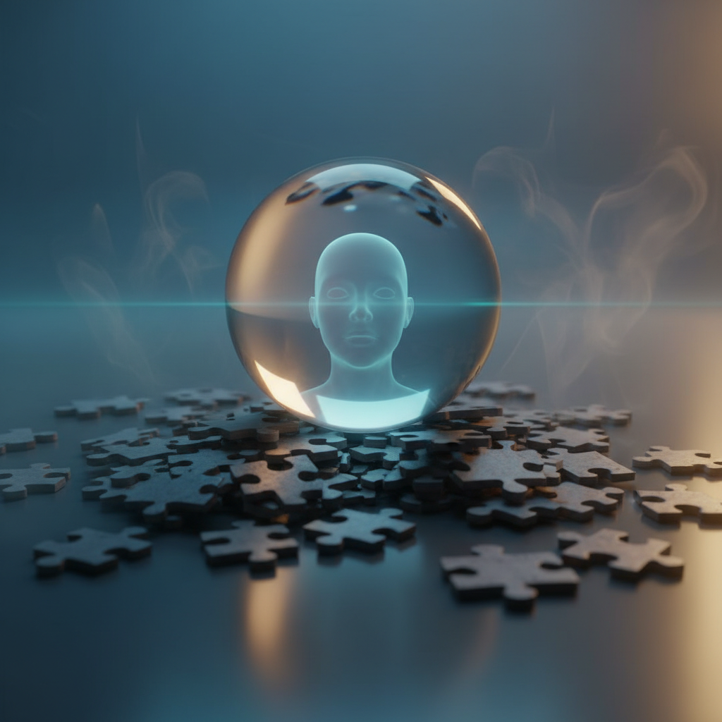 Concepto visual de quedarse en blanco en una entrevista: esfera de cristal sobre piezas de puzzle desordenadas, reflejando confusión y vulnerabilidad