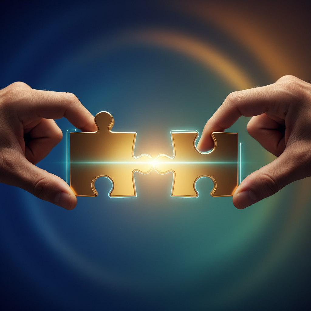 Deux mains interconnectant des pièces de puzzle dorées représentant la synergie dans les renouvellements CSM