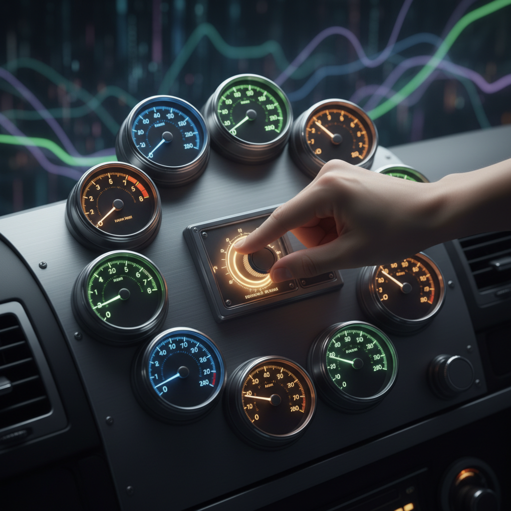 Illustration professionnelle de dashboards, jauges et contrôle de données pour l’entretien Data Analyst