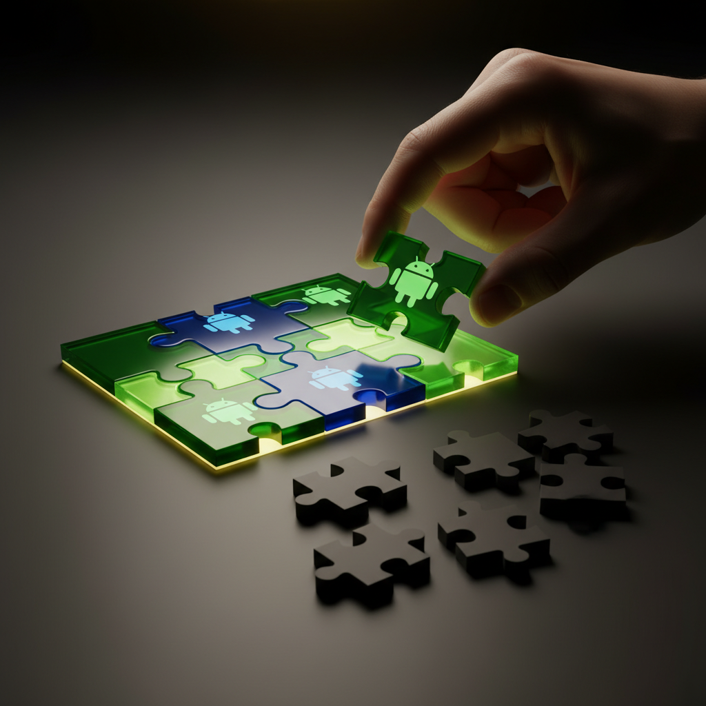 Un développeur arrange des pièces de puzzle Android, symbolisant la résolution stratégique des pièges d’entretien