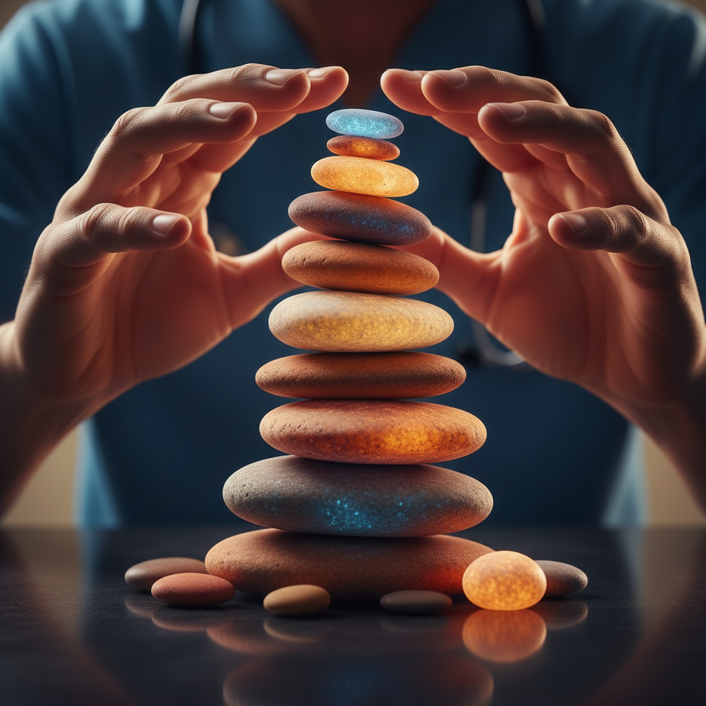 Mains équilibrant des pierres lumineuses, symbolisant la priorisation et la gestion du stress dans le soin