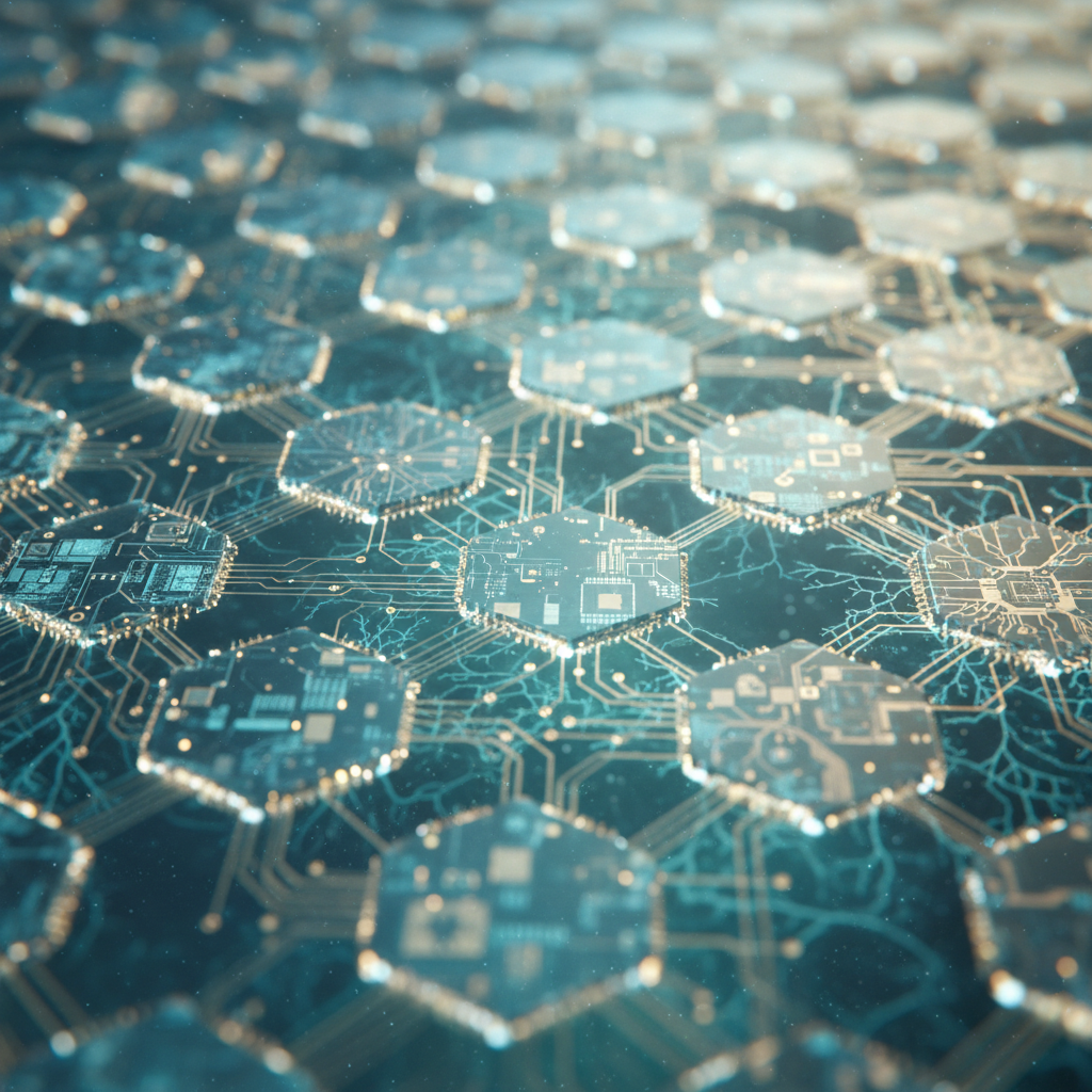 Illustration visuelle d’un pipeline CI/CD MLOps interconnecté, circuits lumineux évoquant la maîtrise technique