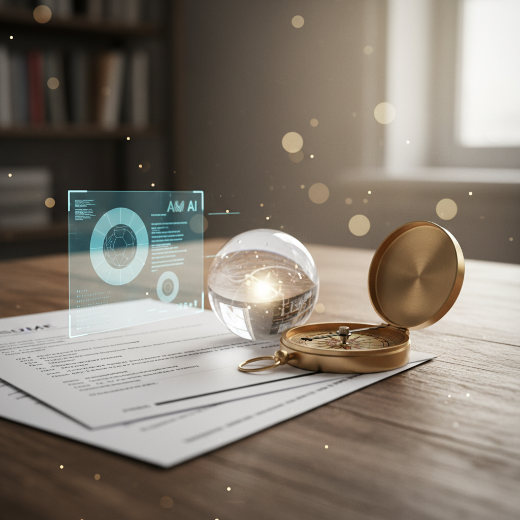 A symbolic arrangement showing a compass, resumes, and AI interface on a wooden desk, highlighting the importance of direction in recruiter conversations