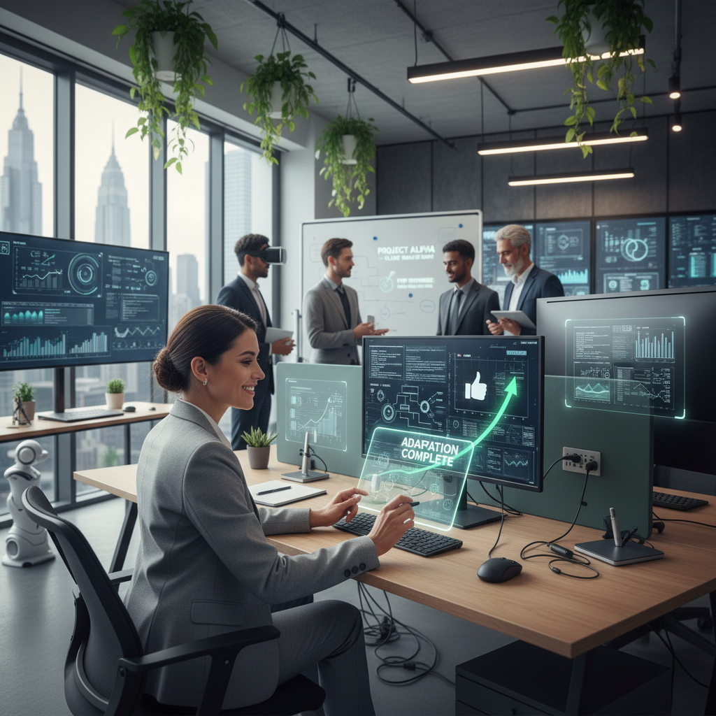 Confident candidate quickly adapting to a new role in a modern office, showing teamwork and tech