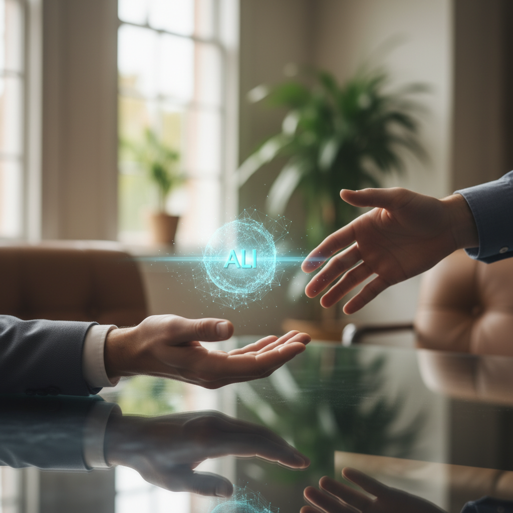 Two hands reaching to shake, glowing AI hologram hovering between them, symbolizing invisible science of rapport in interviews