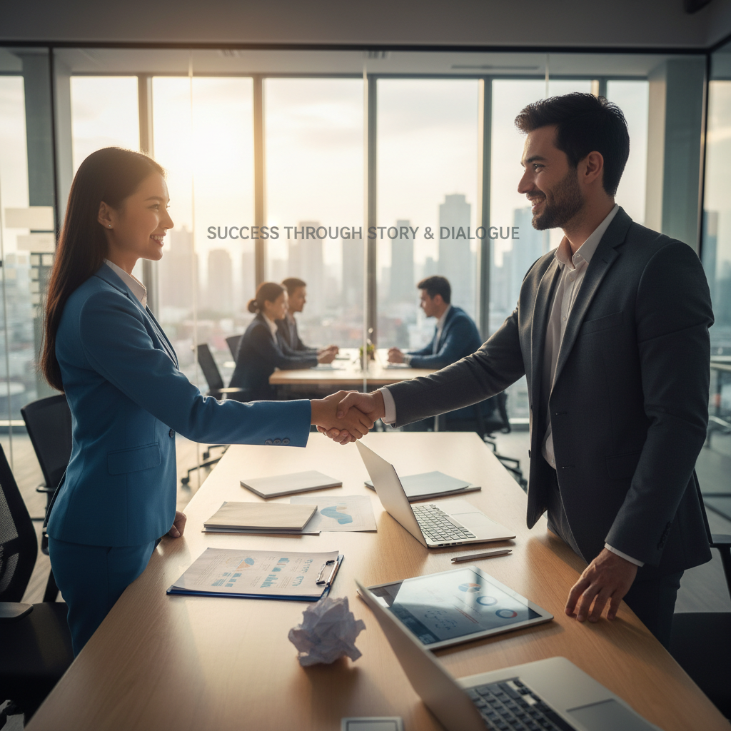 Business professionals shaking hands after a successful negotiation, symbolizing trust achieved through effective storytelling