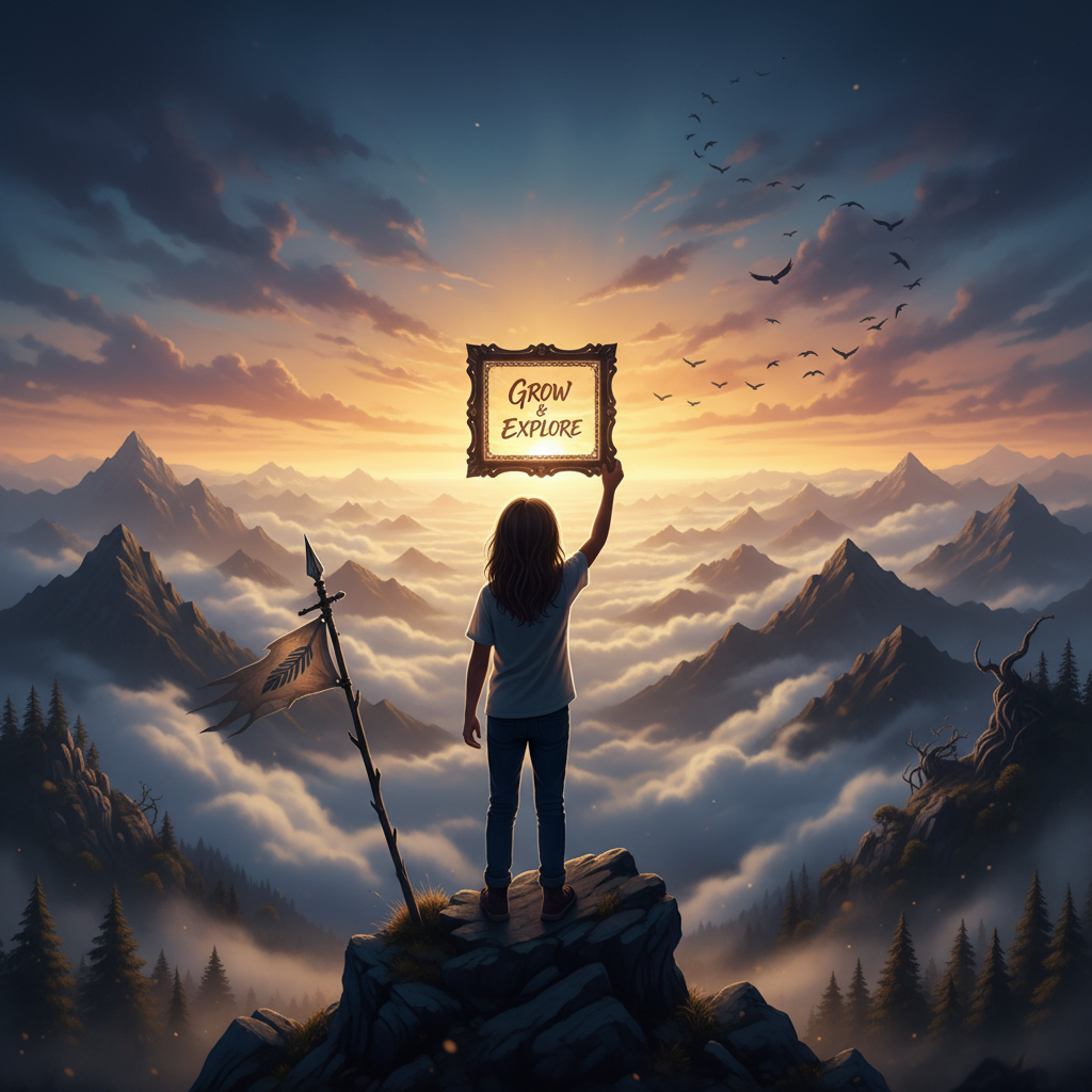 An 8-year-old at the summit of a mountain, holding a framed motivational motto, gazing at a radiant horizon