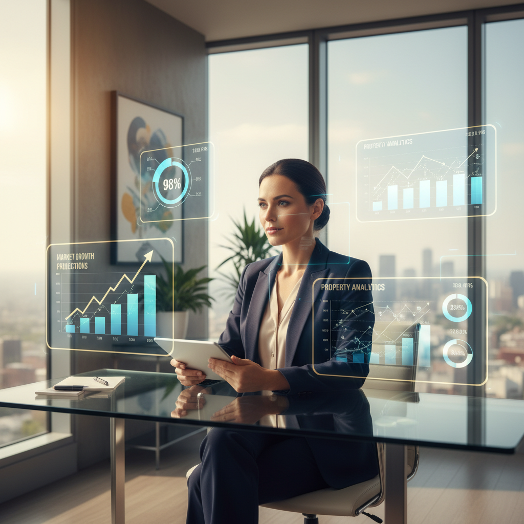 A real estate agent in a modern office, preparing confidently for an interview with analytical graphs and data overlays.