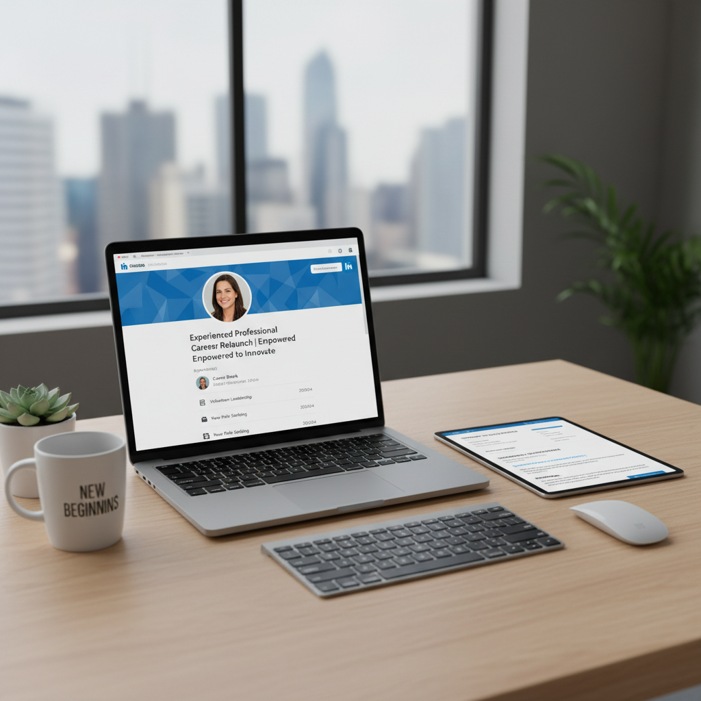 A digital workspace with a laptop, updated LinkedIn profile, and refreshed resume, visually representing the overhaul of one's professional digital presence after a career break. Emphasize clarity, modern branding, and an empowering environment.