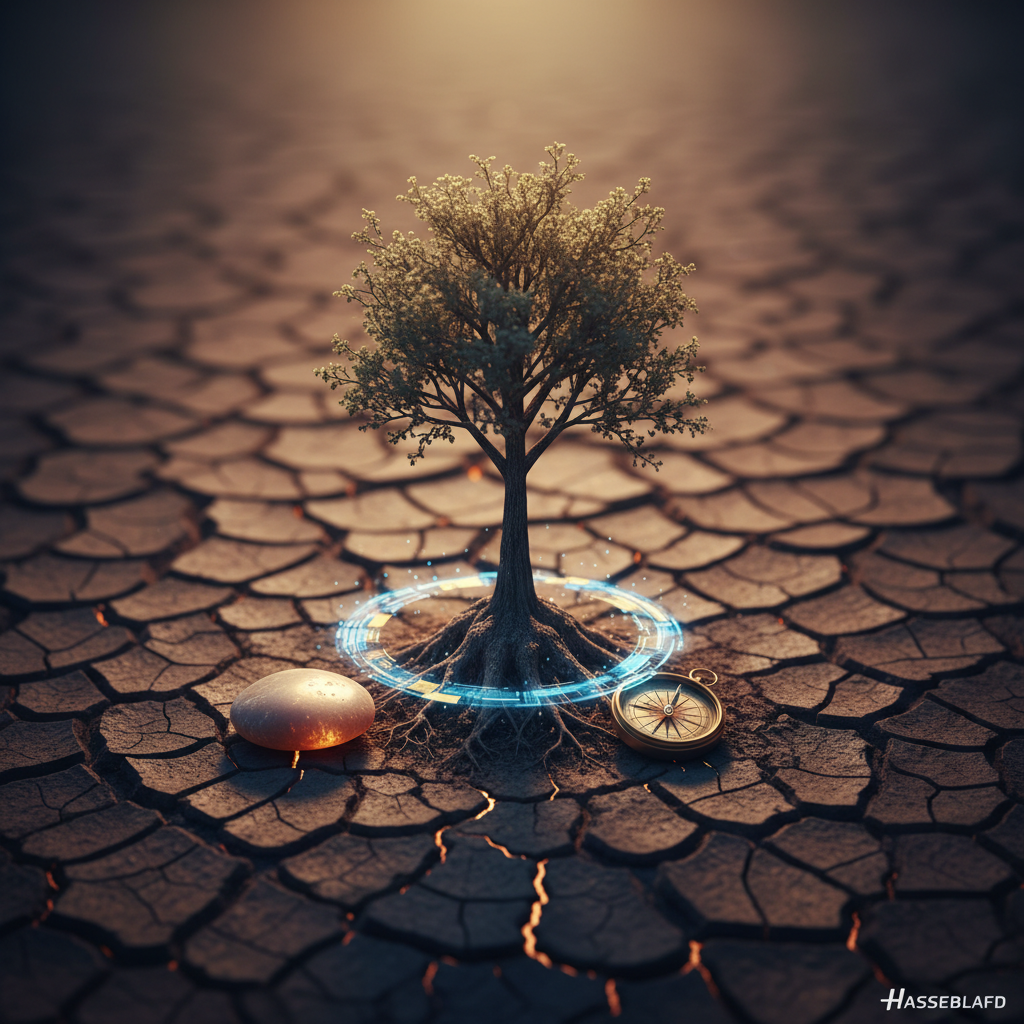 Resilience and growth: a tree sapling thriving from cracked earth, symbolizing strength in adversity and AI support
