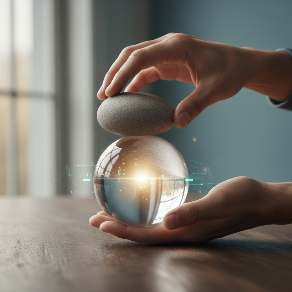 Hands balancing a stone (anxiety) on a glowing sphere (cognitive techniques)