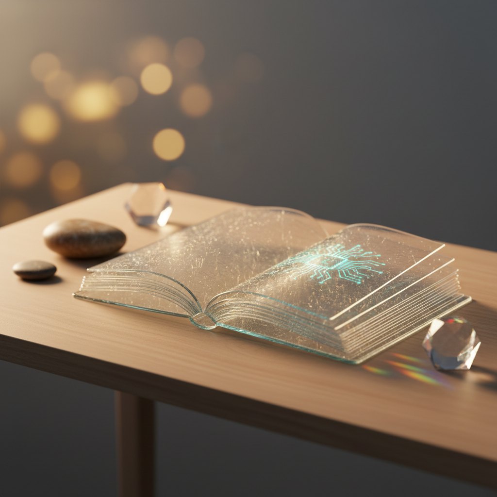 Open glass journal and symbolic objects representing growth, perspective, and AI-aided reflection for interviews