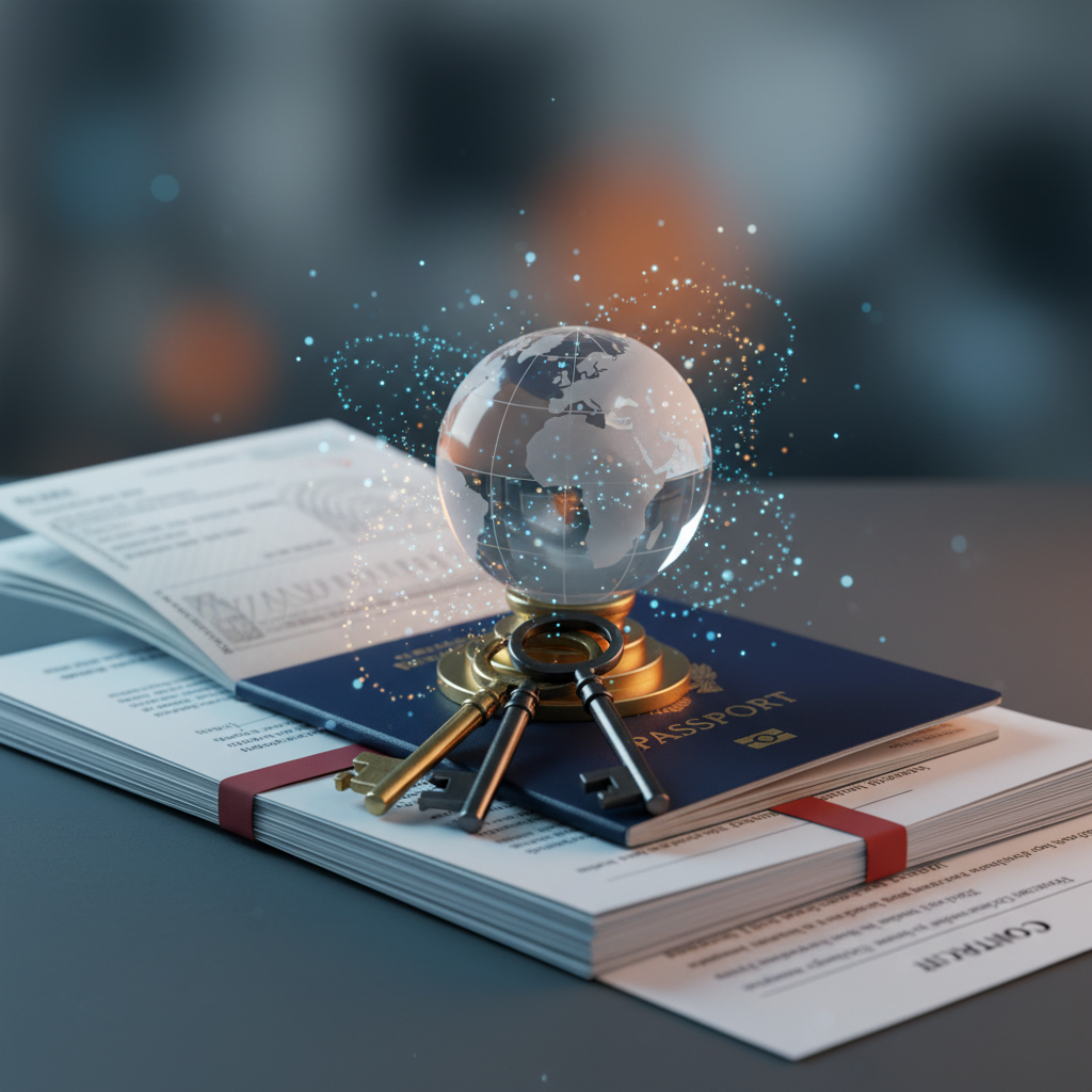 A passport, keys, glass globe, and work contracts symbolizing global opportunity and career mobility in international relocation interviews