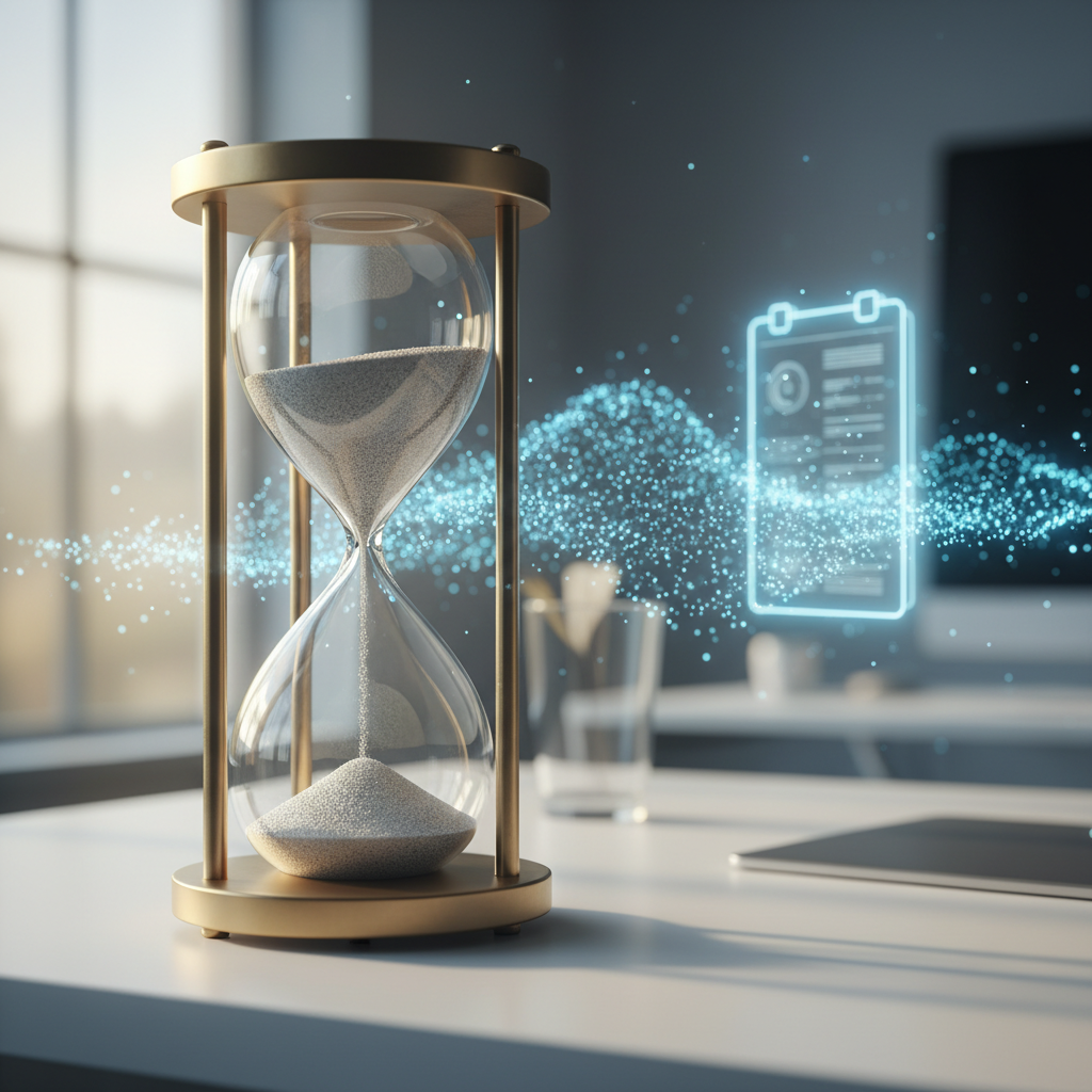 Elegant hourglass and digital notepad symbolizing async time management
