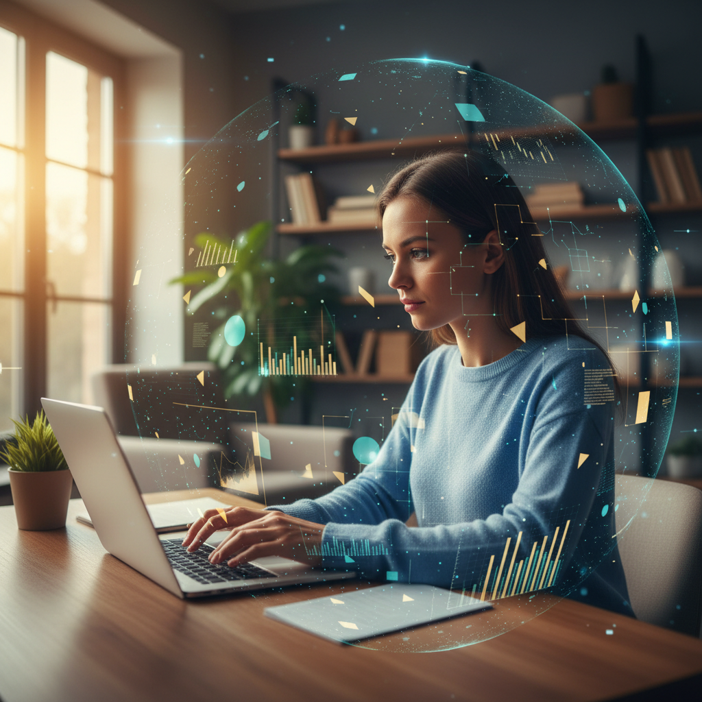 Job seeker preparing for remote work interview in modern home office with digital AI support overlays