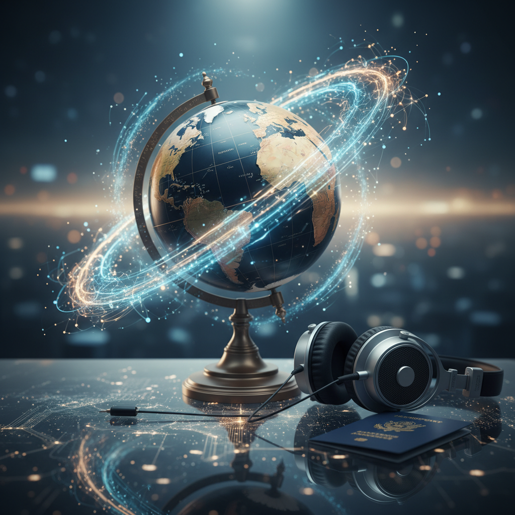 Globe with AI digital rings, headphones, and passport symbolizing global digital nomad interview readiness