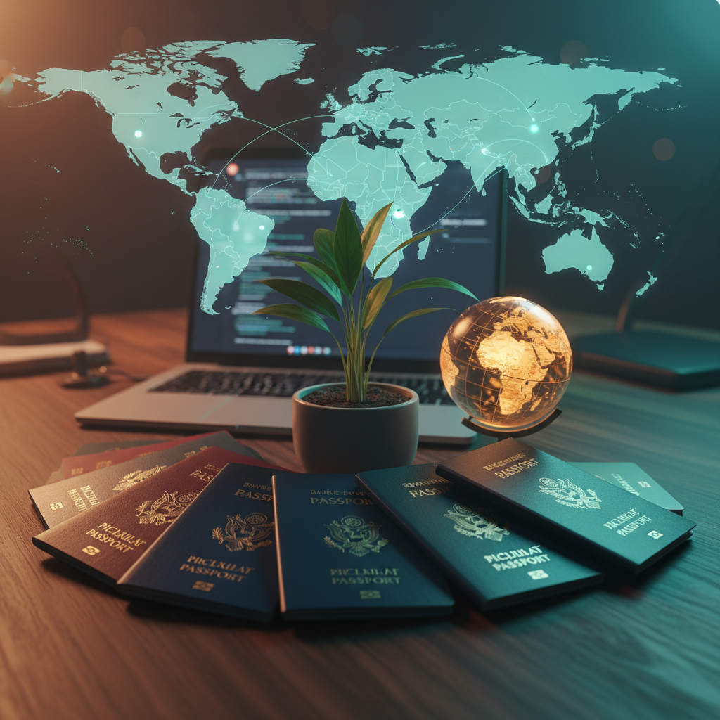 A global map of passports, laptop and globe symbolizing remote job opportunities in top countries 2025