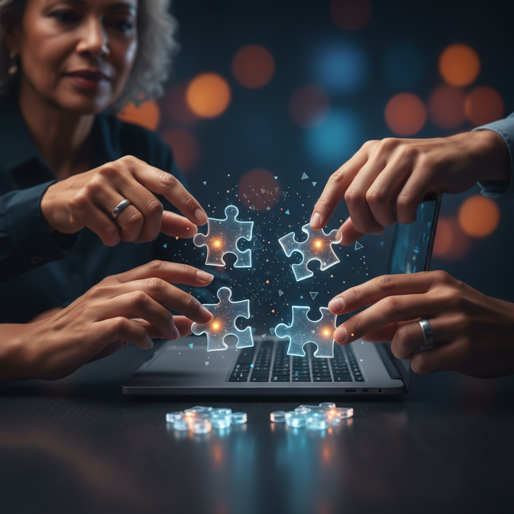 Metaphorical image of interlocking puzzle pieces, glowing over a laptop keyboard, symbolizing remote teamwork skills and collaboration supported by AI