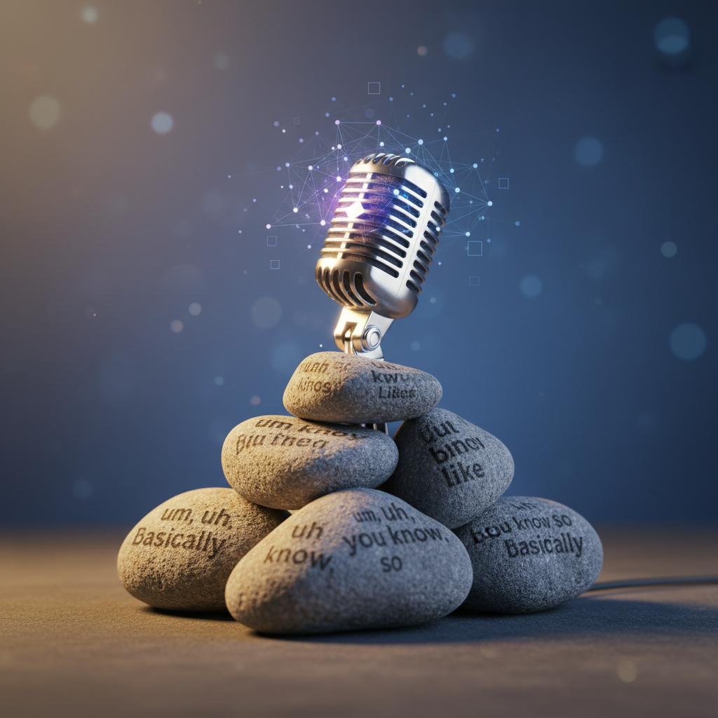 Metaphorical image of a microphone overcoming rocks etched with filler words, symbolizing overcoming hesitant speech