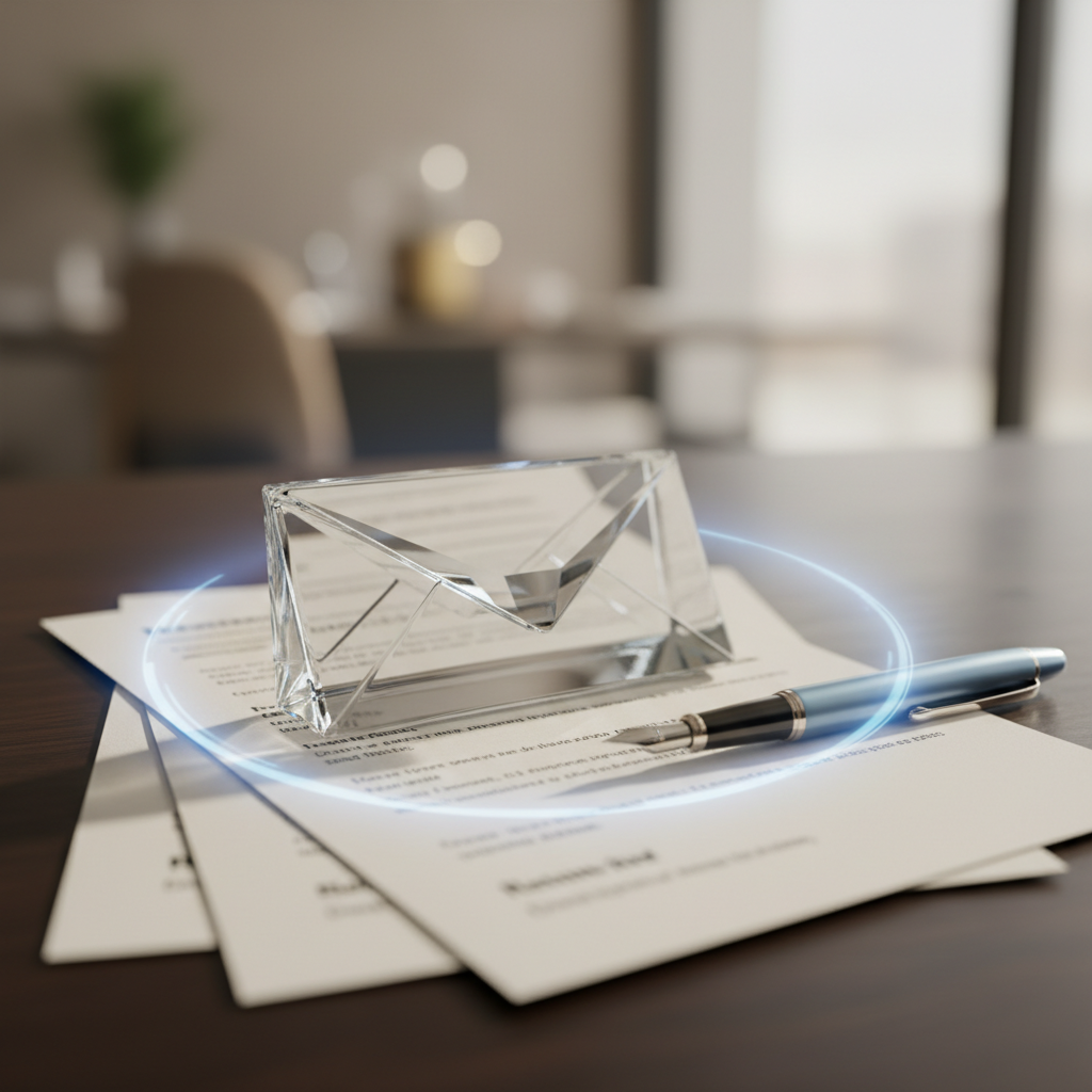 Request feedback interview table scene: transparent glass envelope with resumes symbolizing open communication