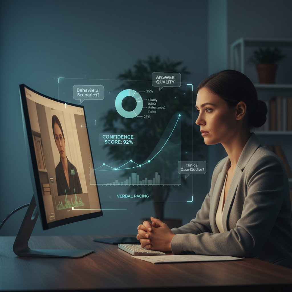 Residency interview candidate preparing virtually with AI analytics overlays
