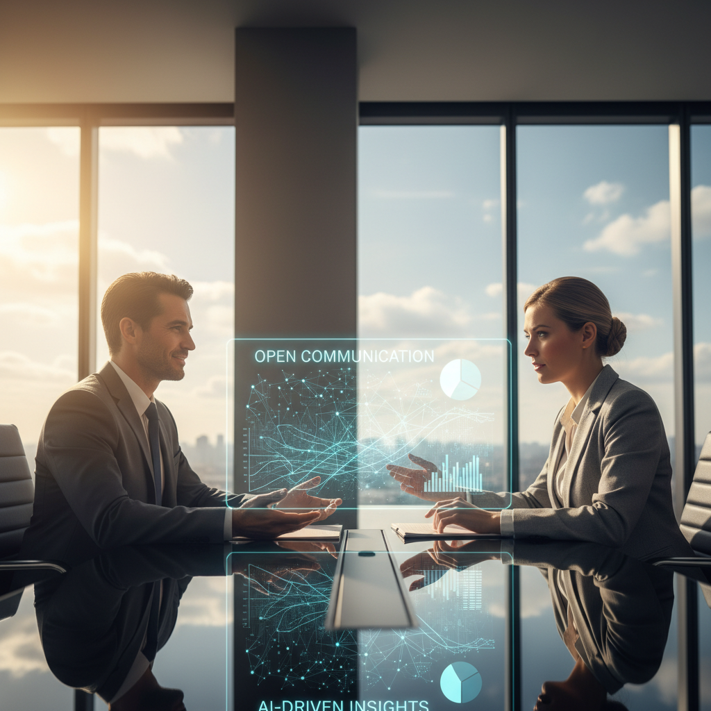 Two professionals in a modern glass conference room calmly resolving a disagreement with data-driven insights and open communication.