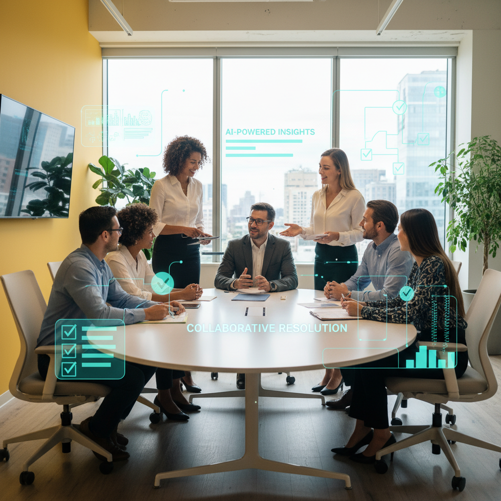 Diverse team calmly resolving a disagreement in a modern office meeting