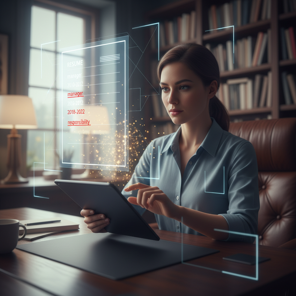 Job seeker reviewing resume with digital tablet, highlighted resume errors and AI-powered corrections