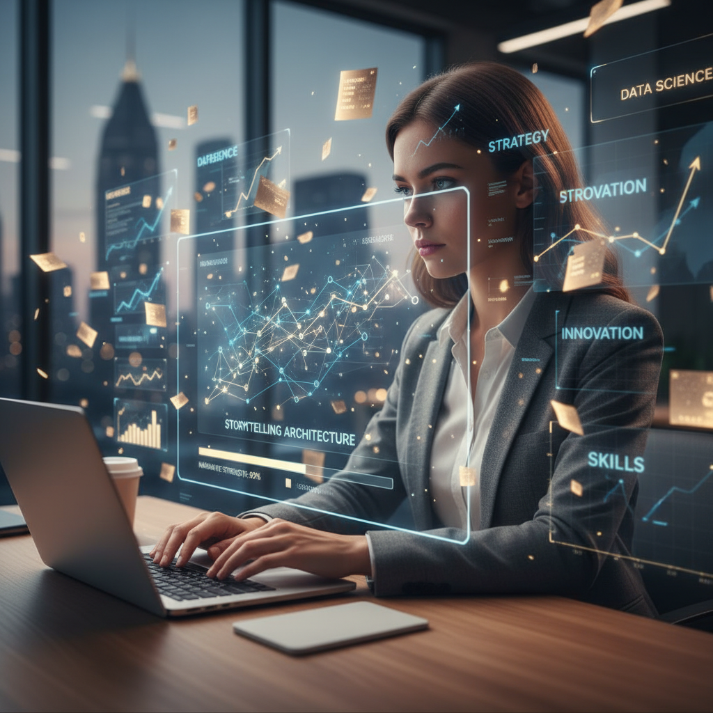 Modern workspace with a job seeker, floating resume fragments, and AI data overlays.
