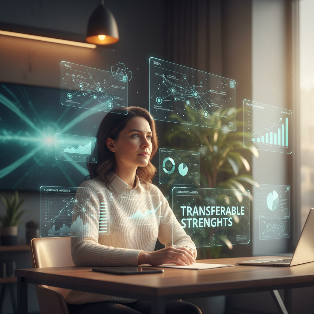 Job seeker mapping transferable skills on a sleek workspace with AI overlays