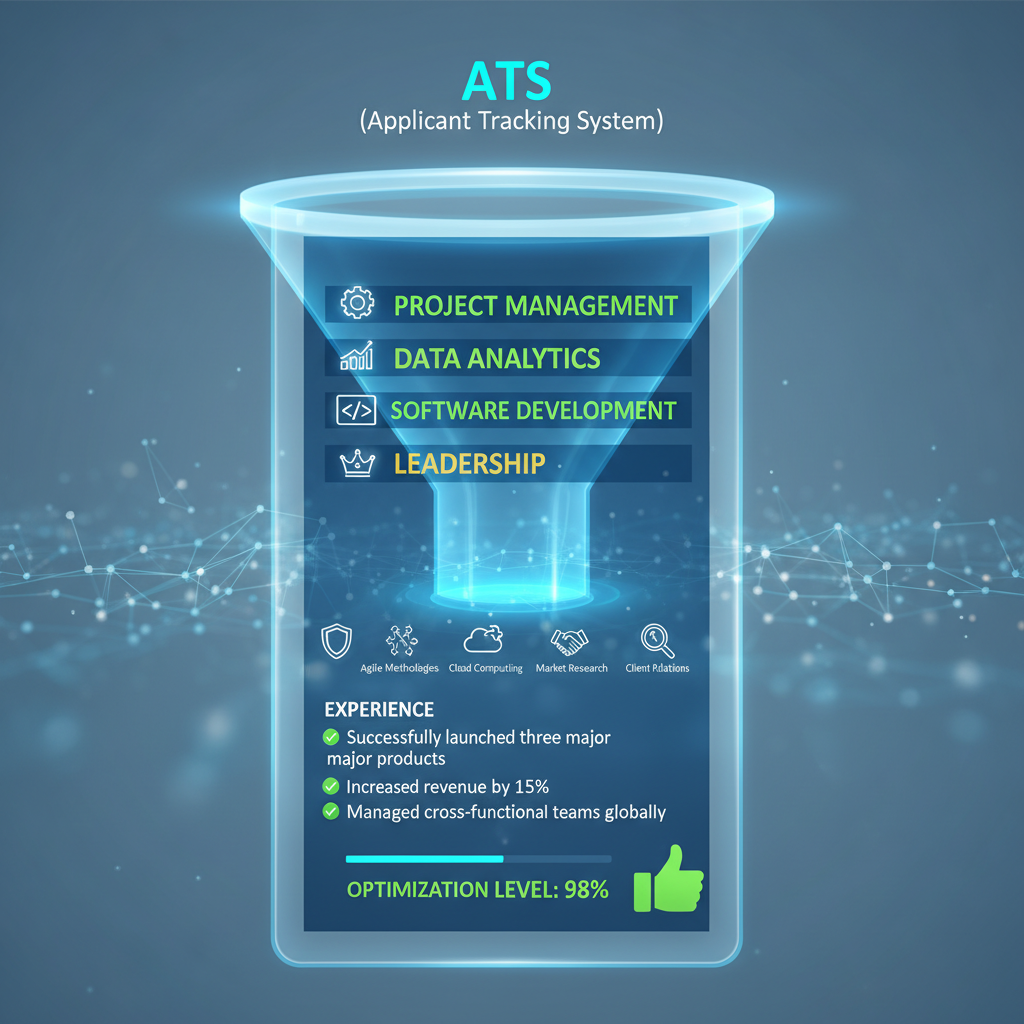 An optimized resume passing through an ATS filter with highlighted keywords
