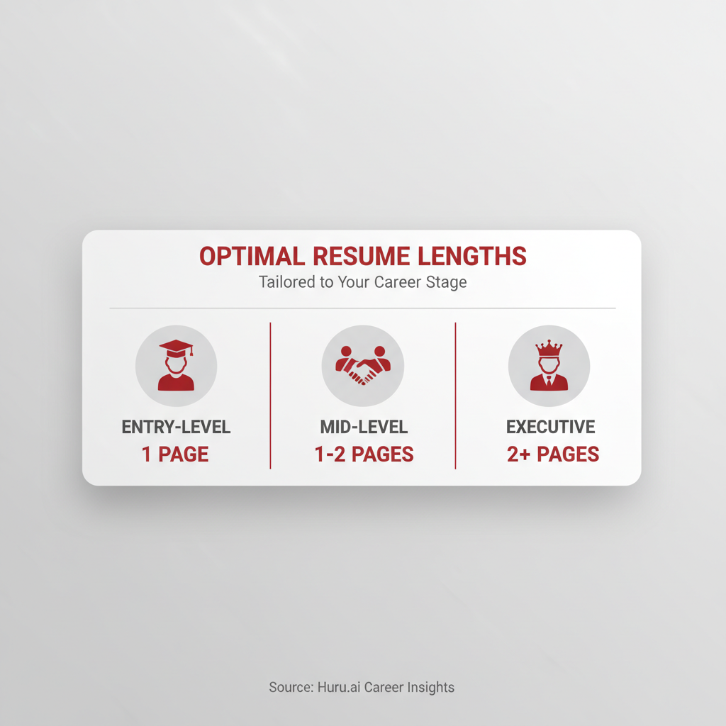 Table showing ideal resume lengths by career stage: entry, mid, executive. Icons and clean design.