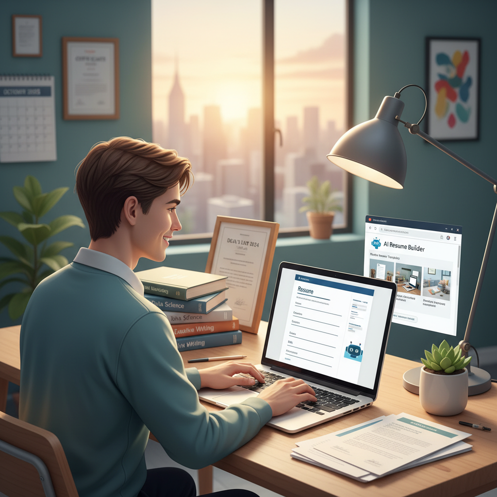 Student or graduate creating a resume on a laptop, surrounded by books and certificates in a modern workspace, 2025