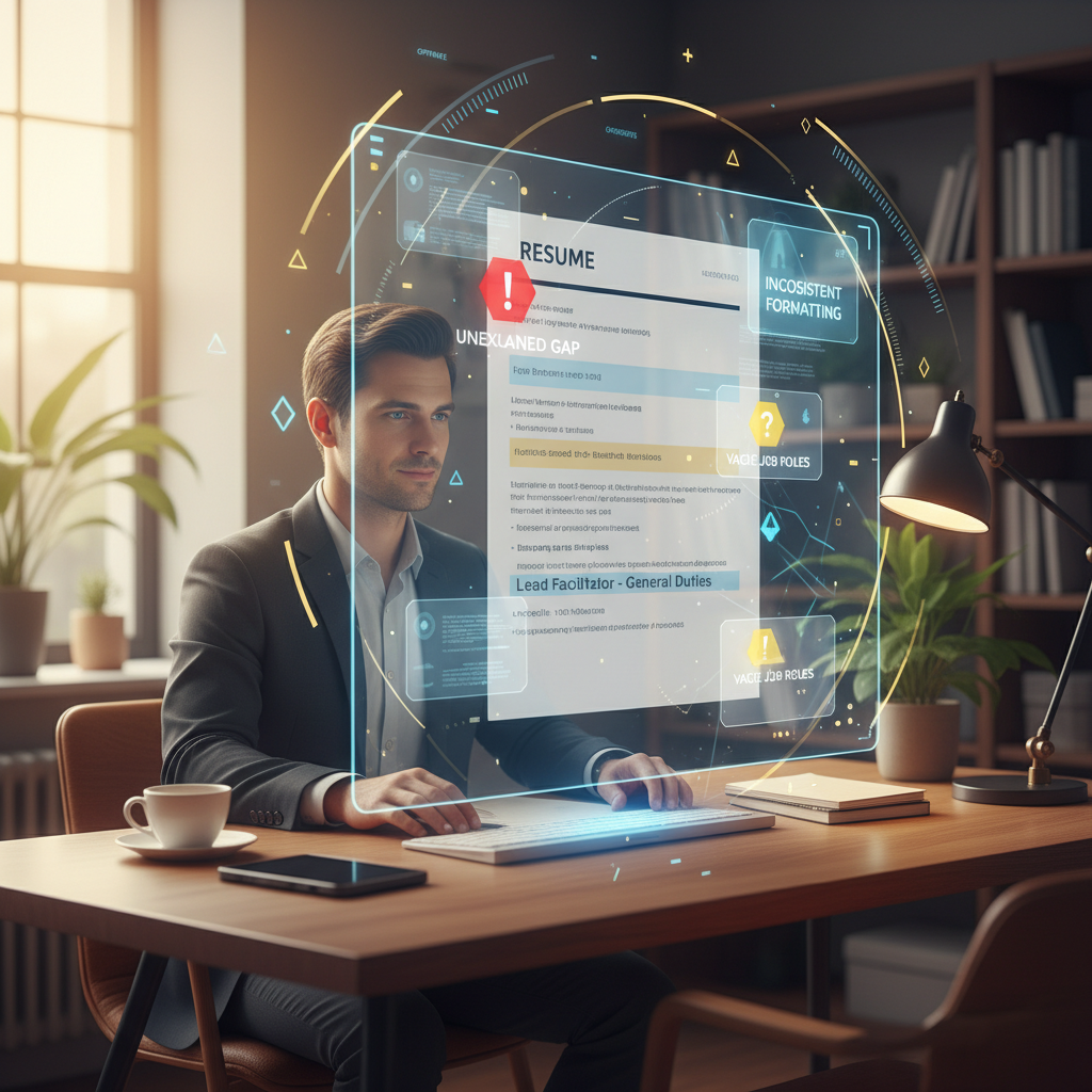 Job seeker analyzing resume with AI feedback and warning overlays