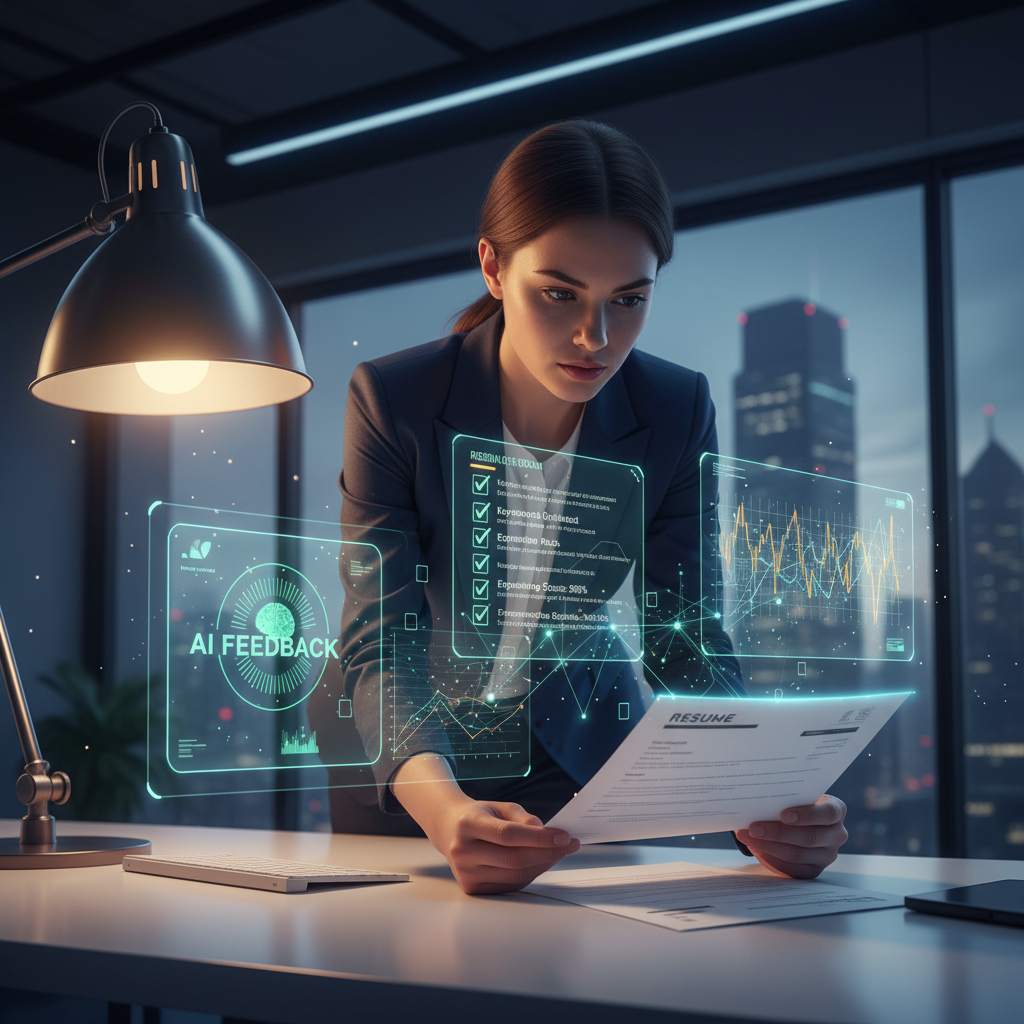 Job seeker reviewing a resume with AI-powered checklists and feedback overlays