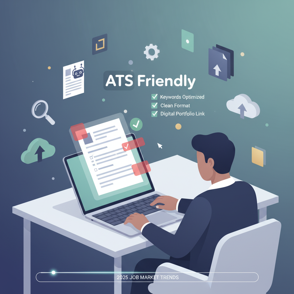 Professional editing an ATS-friendly resume on a laptop in a modern workspace