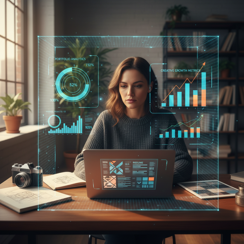 Creative professional at desk with creative tools and digital portfolio analytics overlays, blending artistry and strategy.