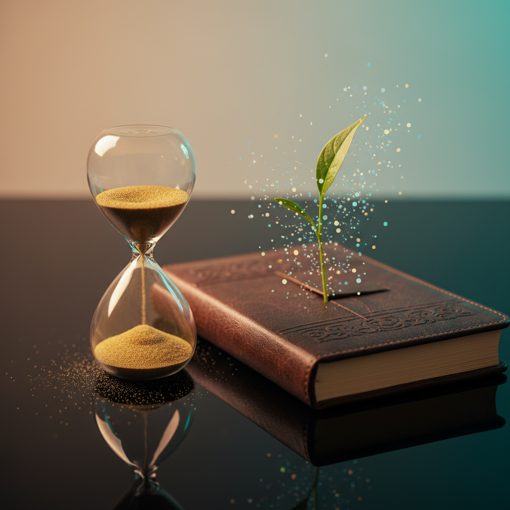A glass hourglass, a closed leather notebook, and a sprouting green leaf symbolizing renewal after a career break.