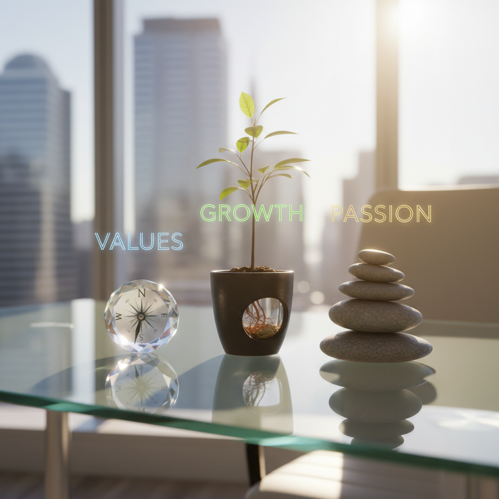 Defining your ideal employer visually, with symbols of values, passion, growth, and clarity on a modern desk