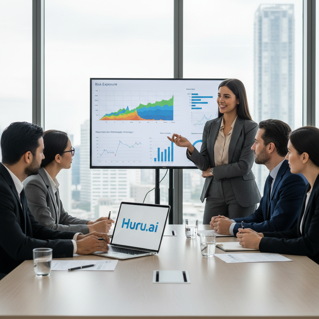 Candidate answering risk manager interview questions in a modern office with risk analysis visuals and Huru.ai branding