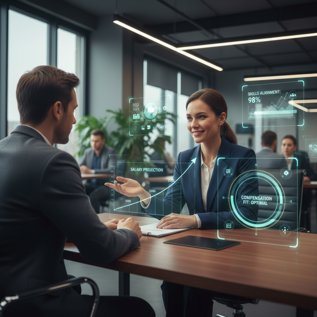 Job interview scene with salary graphs and AI feedback overlays for discussing salary expectations