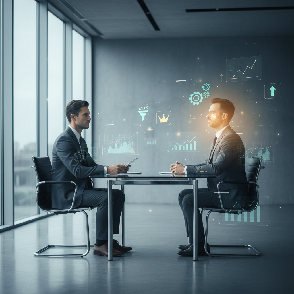 Sales manager candidate confidently answering interview questions with analytical digital overlays
