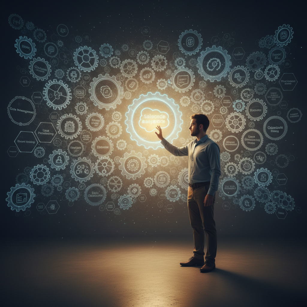 A determined candidate preparing to master Salesforce flows in a high-tech, inspiring environment