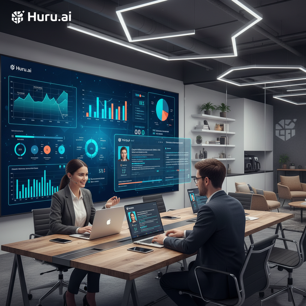 Candidates practicing SAS interview questions on laptops with AI analytics, Huru.ai branding