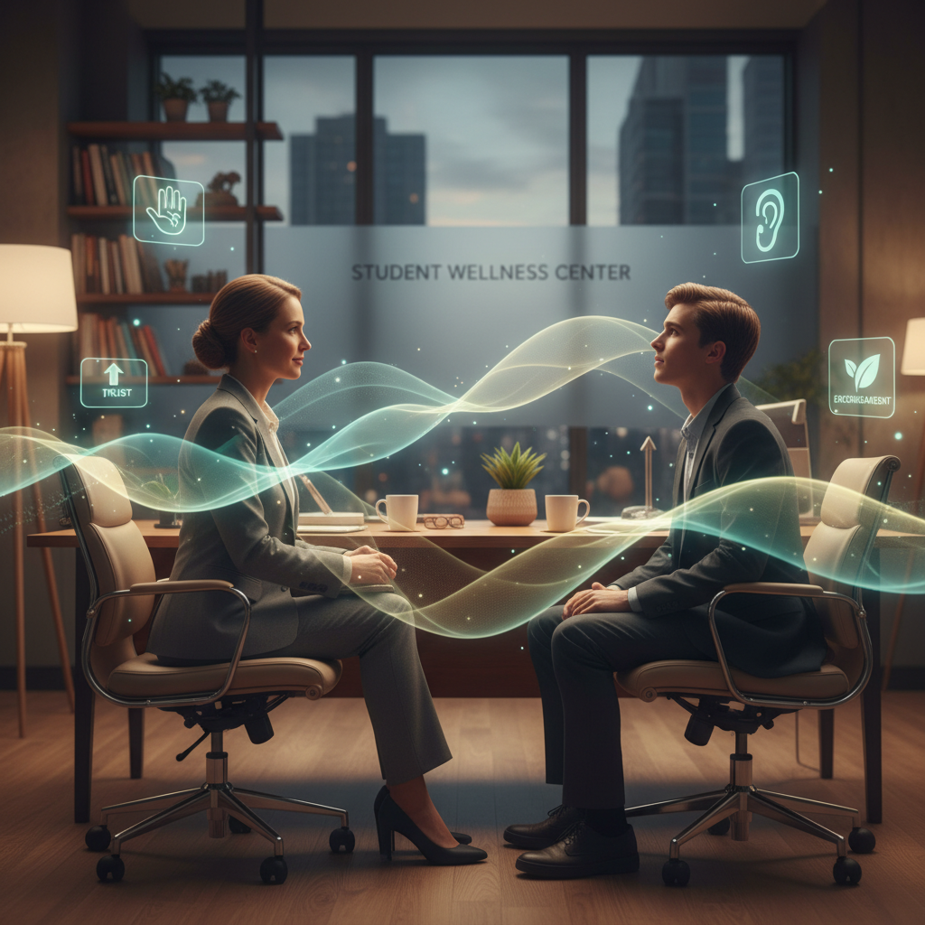 School counselor and student demonstrating empathy and guidance in a modern office, analytical overlays visualize support