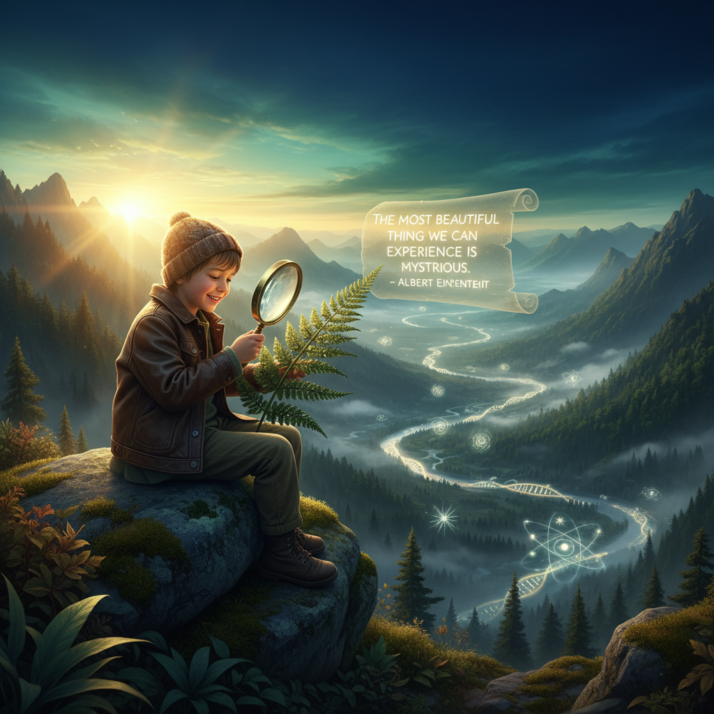 Niño o niña explorando la naturaleza con lupa, rodeado de paisajes inspiradores y símbolos científicos