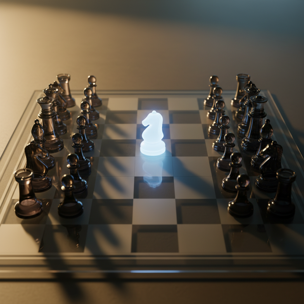 A luminous chess knight on a glass board representing strategy and persuasion in interviews